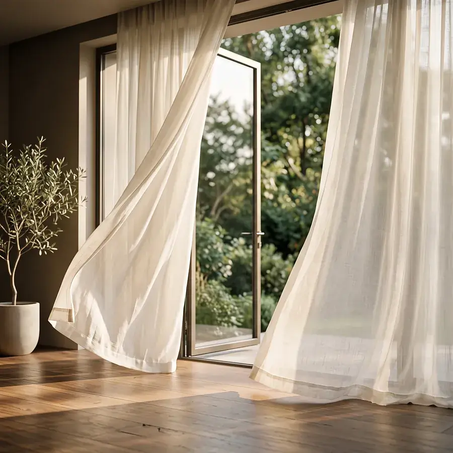 Sheer curtains lifting in a breeze at an open window