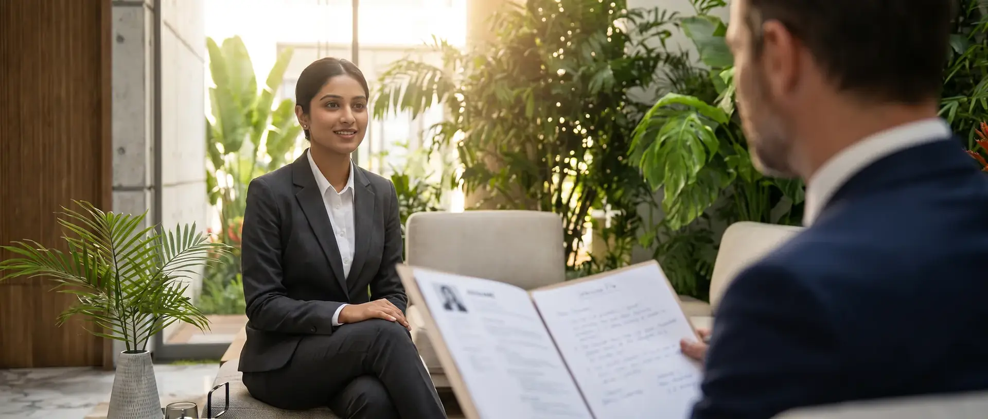 A candidate in conversation during an interview at Krismar Realty, Bengaluru