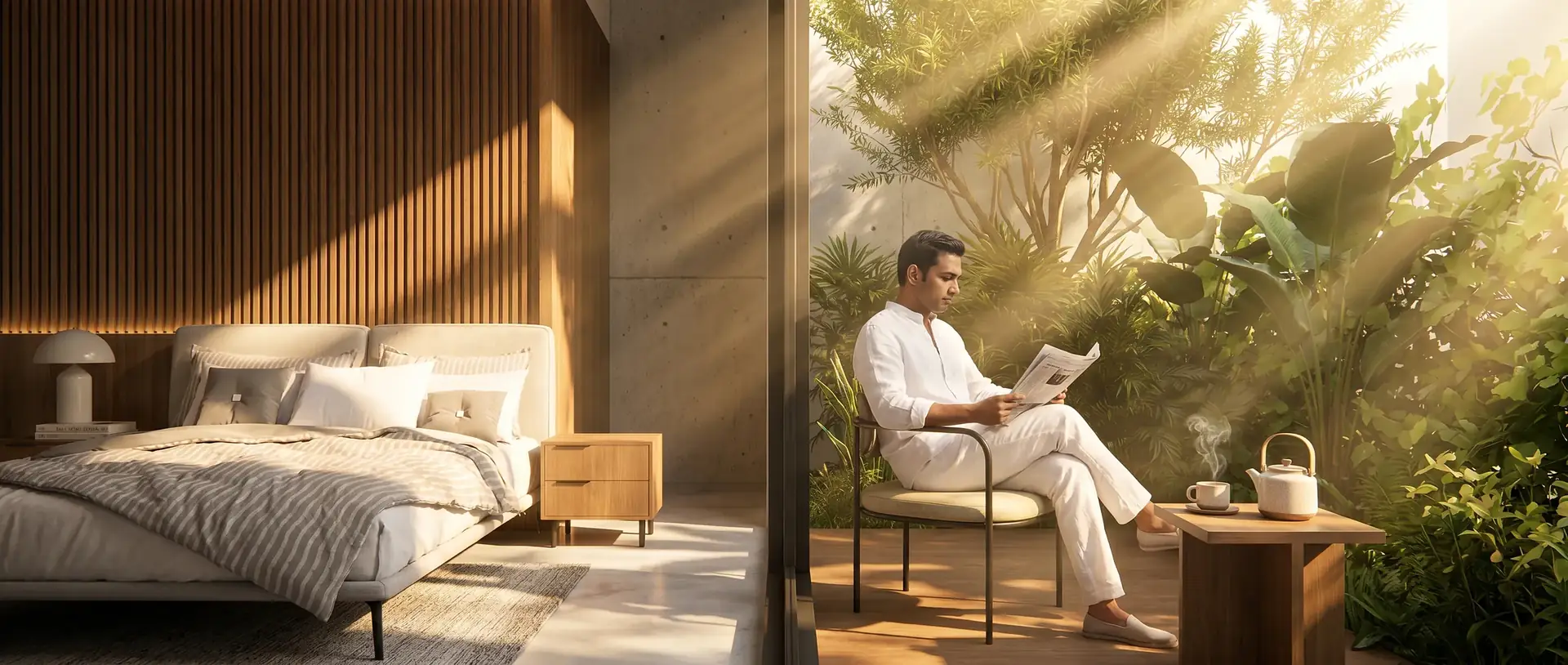A bedroom opening onto a sunlit garden terrace in a Krismar Realty home, Bengaluru