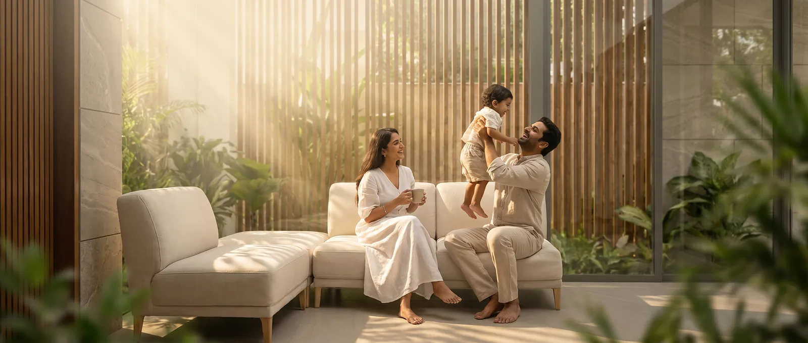 A family at home in a sunlit living room, Krismar Realty luxury homes in Bengaluru