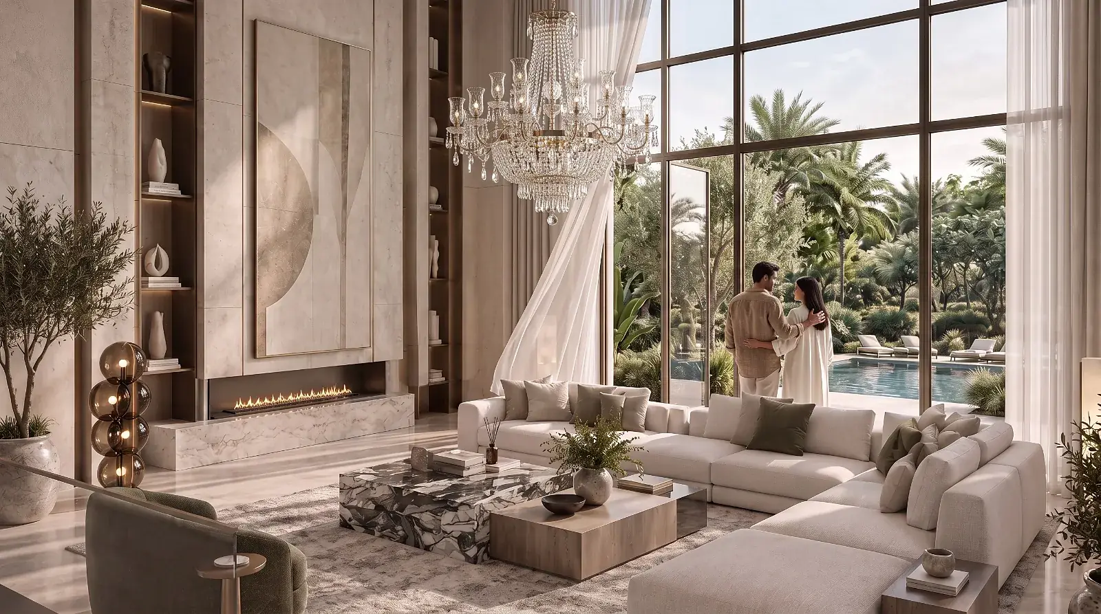 A double-height living room opening onto a pool garden in a Krismar Realty luxury villa, Bengaluru