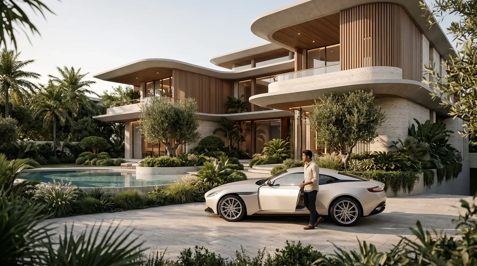 A curved villa facade with a pool and landscaped drive at a Krismar Realty villa community, Bengaluru
