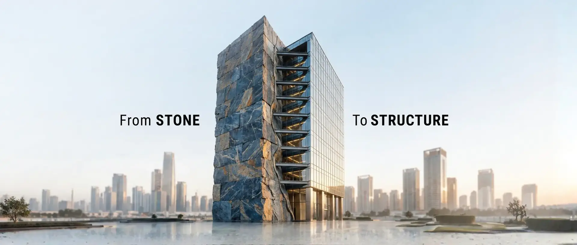 A tower that turns from natural stone into glass, labelled From Stone To Structure: Krismar Marbles legacy in building facades