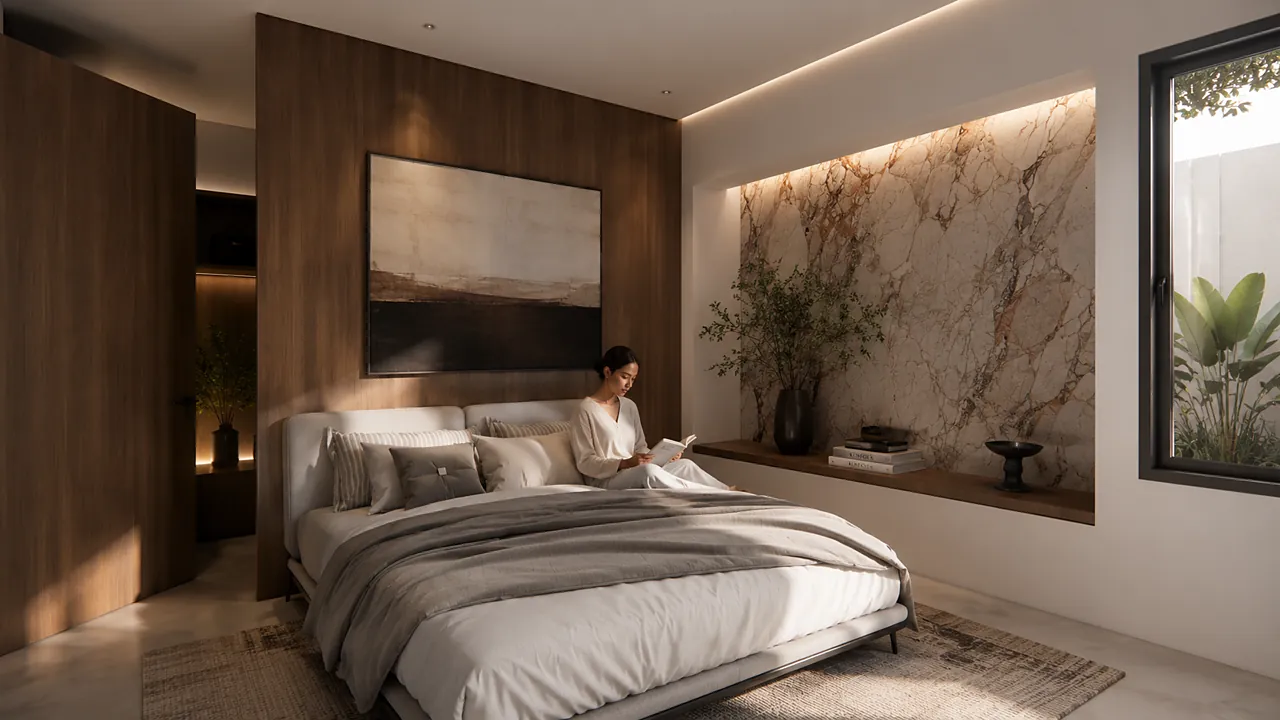 A calm bedroom with a reading chair at Luxury Villas into the greens, Core Whitefield, Bengaluru